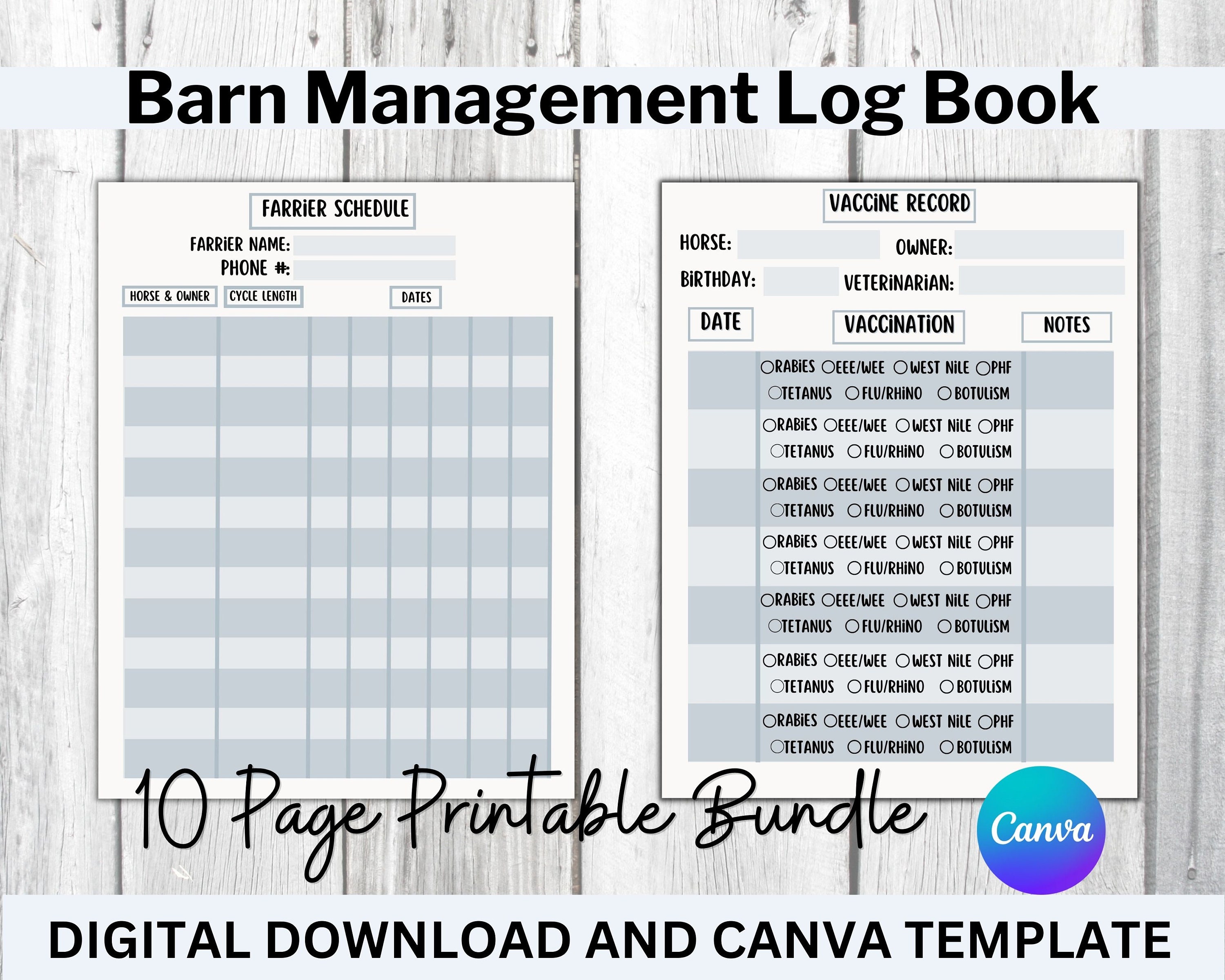 Barn Management Record Keeping, Horse Record, Horse Health Record, Printable Stable Management