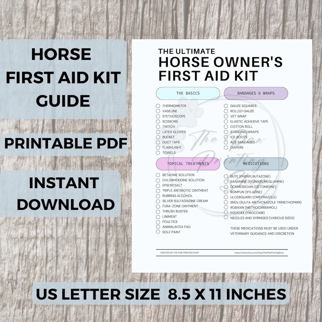 Horse First Aid Kit List Printable Equine Med Kit First Aid Etsy