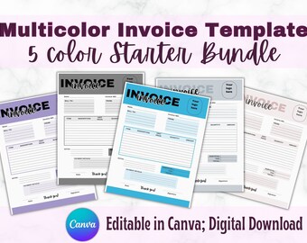 May include: Five different color invoice templates, each with a space for a logo, invoice number, bill to, ship to, item, description, quantity, price, subtotal, tax, total, payment details, date, and signature. The text "Invoice" is in bold black letters on each template. The text "Thank you!" is at the bottom of each template. The templates are in purple, gray, blue, light blue, and pink.