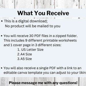 Peut inclure: Texte sur un fond blanc avec une texture de grain de bois. Le texte indique "What You Receive" et liste le contenu d'un t&eacute;l&eacute;chargement num&eacute;rique. Le t&eacute;l&eacute;chargement comprend 30 fichiers PDF dans un dossier zipp&eacute;, 9 feuilles de travail imprimables et 1 page de couverture en 3 tailles diff&eacute;rentes&nbsp;: US Letter, A4 et A5. Il comprend &eacute;galement un seul PDF avec un lien vers un mod&egrave;le Canva modifiable. Le texte se termine par "Please message me with any questions!"
