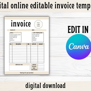 Editable Invoice Template, Canva Template, Small Business Invoice Template, Printable Invoice, Instant Download, Custom Business Invoice