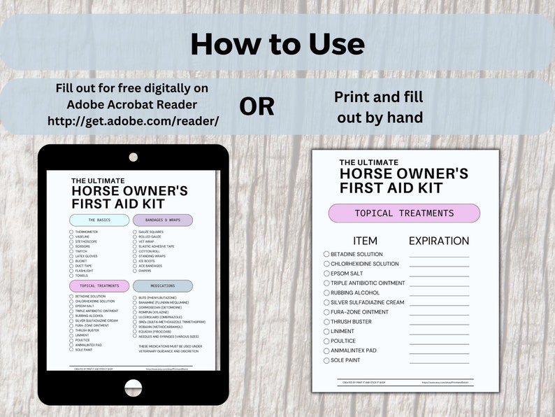 Horse First Aid Kit List, Printable Equine Med Kit, First Aid Guide