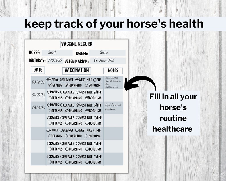 Peut inclure: Un registre de vaccination de cheval imprimable avec un sch&eacute;ma de couleurs gris et blanc. Le registre comprend des sections pour le nom du cheval, le propri&eacute;taire, le v&eacute;t&eacute;rinaire, la date de naissance, la date, la vaccination et les notes. La section de vaccination comprend des cases &agrave; cocher pour la rage, EEE/WEE, le Nil occidental, le t&eacute;tanos, la grippe/rhino et le botulisme.