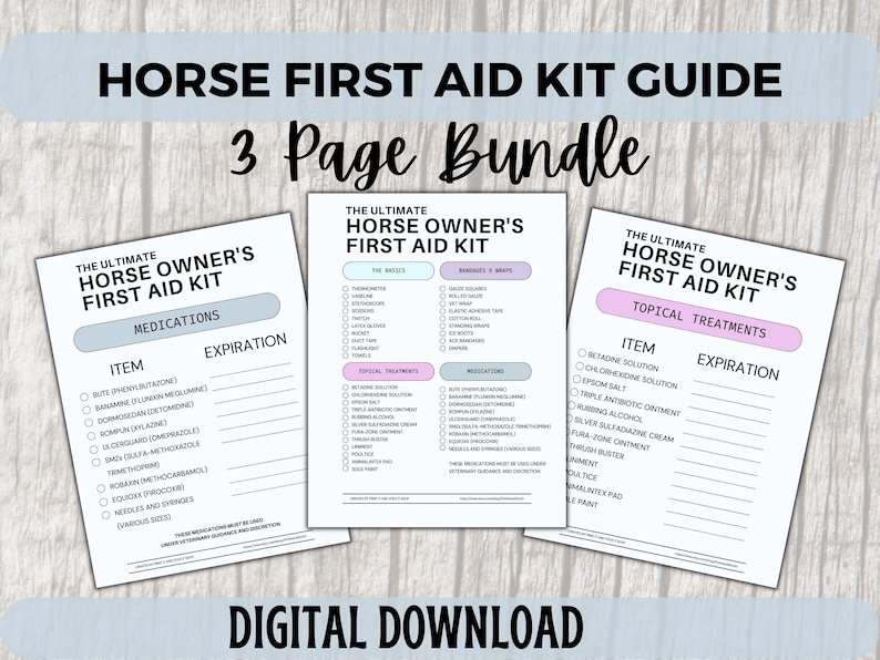 Horse First Aid Kit List, Printable Equine Med Kit, First Aid Guide