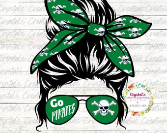Green Pirates Messy Bun, Pirates messy bun sublimation, Pirates dtf, Pirates mom, Pirates design, Green Pirates, PIrates PNG, Pirates