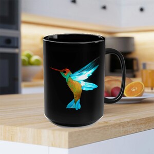 Mugs Black 15oz, hummingbird, soothing mug, coffee mug, tea cup, hot chocolate  mug, hot mocha mug, java mug, birthday gift, holiday gift