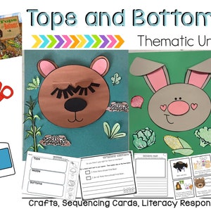 Pode incluir: Um recurso educacional imprimível para alunos do jardim de infância e pré-escola. O recurso inclui artesanato, cartas de sequenciamento e atividades de resposta de alfabetização. O tema é "Tops and Bottoms".