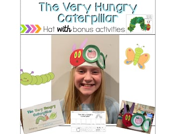 May include: A child wearing a paper hat shaped like the caterpillar from the book "The Very Hungry Caterpillar". The hat is red, green, and yellow with a red apple on the front. The child is smiling and looking at the camera. The image also includes a green caterpillar, a butterfly, and a book cover for "The Very Hungry Caterpillar".