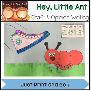 Puede incluir: Una actividad de manualidades imprimible para niños con una hormiga roja y un zapato rosa. El título de la manualidad es "Hey, Little Ant" y el subtítulo es "Craft & Opinion Writing". El texto "Just Print and Go!" está en la parte inferior de la imagen.