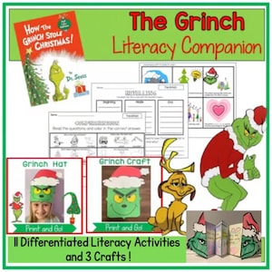 May include: A green-bordered graphic with the title "The Grinch Literacy Companion." The image features illustrations of the Grinch, Christmas trees, and various literacy activities. Text includes "8 Differentiated Literacy Activities and 3 Crafts!"