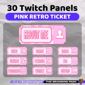 30 Twitch Panels Retro Pink Ticket | Cute Twitch Panels for Streaming | Streamer Panels | Twitch graphics | Twitch Panels
