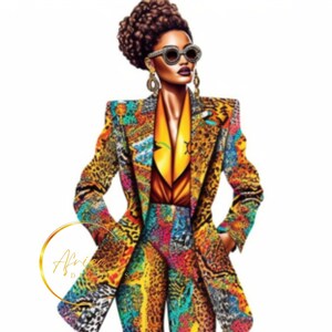 May include: A woman wearing a colorful patterned blazer and pants. The blazer has a long, flowing style and the pants are fitted. The woman is wearing sunglasses and has a stylish hairstyle.