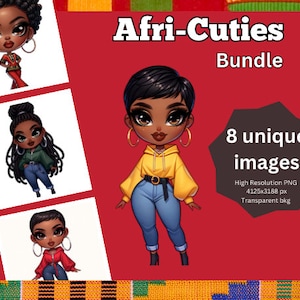 May include: A digital illustration bundle of eight unique images featuring cartoon characters with brown skin, colorful clothing, and large eyes. The images are high resolution PNG files with transparent backgrounds.