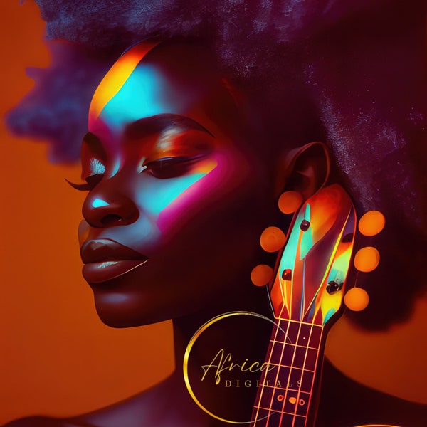 Africa Digitals|Musician Black Woman Guitar|Afrofuturism|Black Girl Magic|Melanin|Digital Art|WallArt|Printables|Sublimation