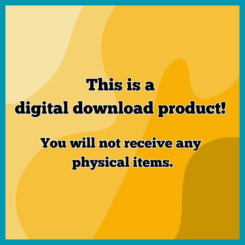 Op de afbeelding: Een gele en oranje digitale downloadproduct afbeelding met de tekst "Dit is een digitaal downloadproduct! Je ontvangt geen fysieke items."