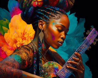 Africa Digitals|Black Woman Musician|Guitar|Afrofuturism|Black Girl Magic|Melanine|Digitale kunst|WallArt|Printables|Sublimatie