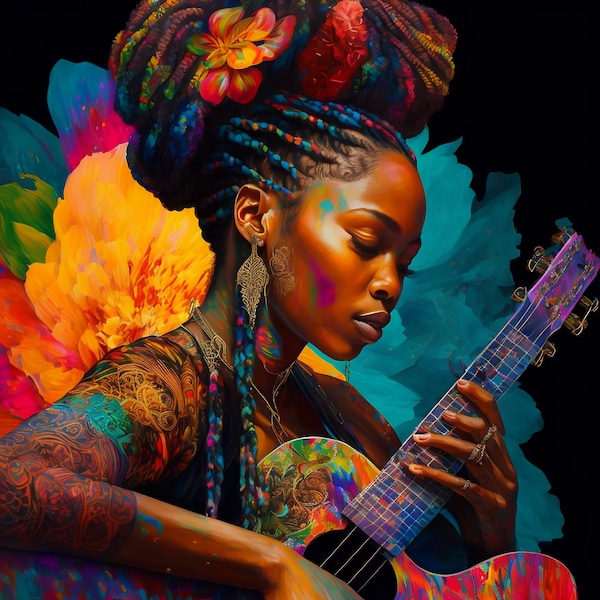 Africa Digitals|Black Woman Musician|Guitar|Afrofuturism|Black Girl Magic|Melanin|Digital Art|WallArt|Printables|Sublimation