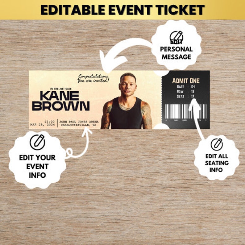 Instant Digital Download Editable Ticket Kane Brown in the Air Tour ...