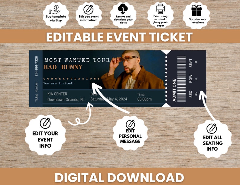 Instant Download Printable Bad Bunny Concert Ticket Printable, Bad Bunny Ticket Concert, Nadie
