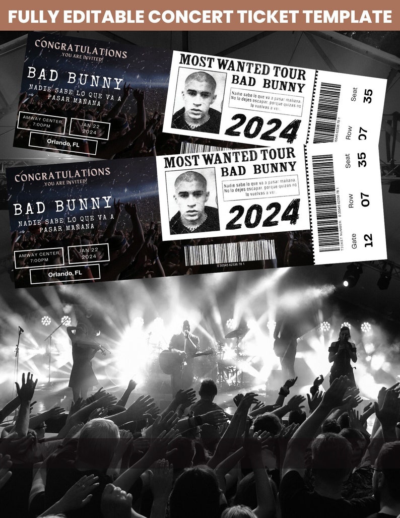 Bad Bunny Personalized Ticket Concert Template Printable Gift Etsy