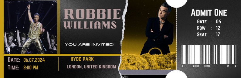 Robbie Williams Concert Ticket Template Personalized Printable Robbie ...