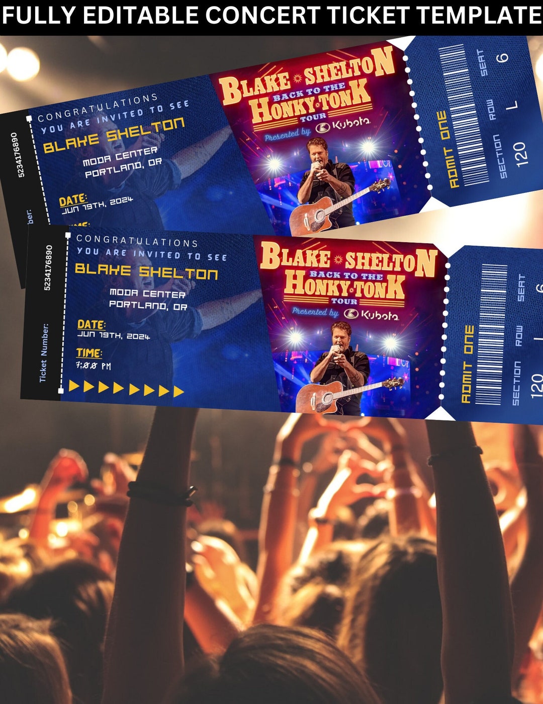 Instant Download Editable Ticket Blake Shelton Concert Ticket, Blake