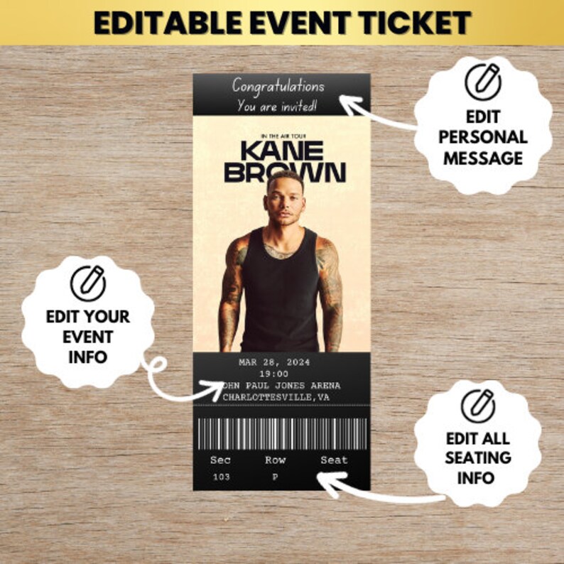 INSTANT DIGITAL DOWNLOAD Editable Ticket Kane Brown in the Air Tour ...