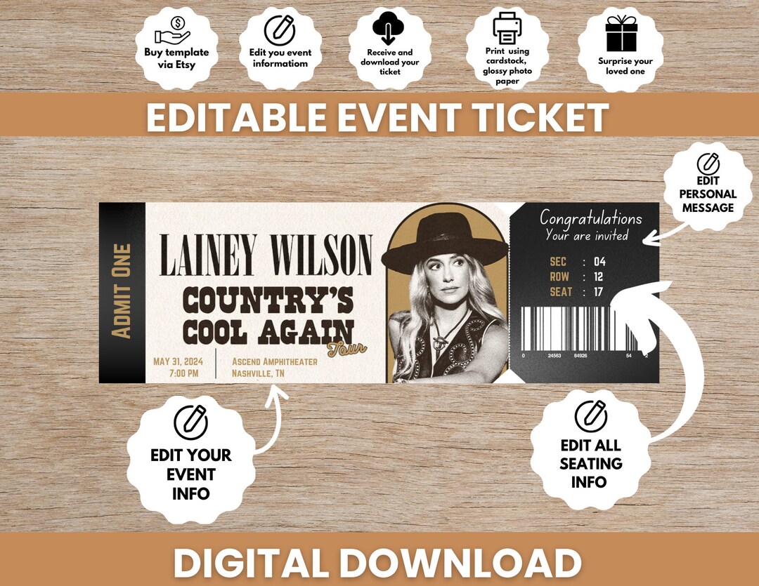 Instant Digital Download Editable Ticket Lainey Wilson Tour Concert