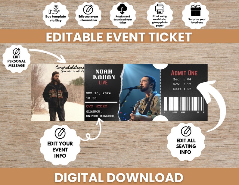Instant Digital Download Editable Ticket Noah Kahan Tour Concert Ticket