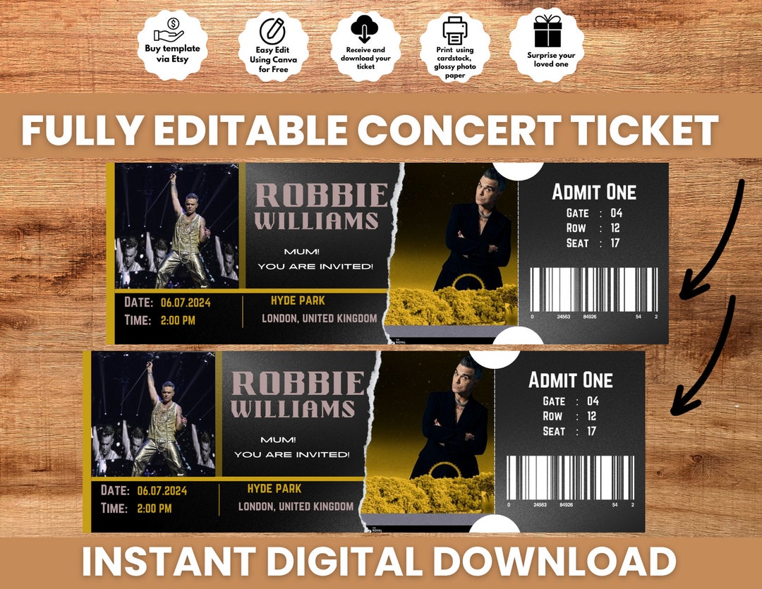 Editable Ticket Robbie Williams Concert Ticket, Editable Ticket, Robbie