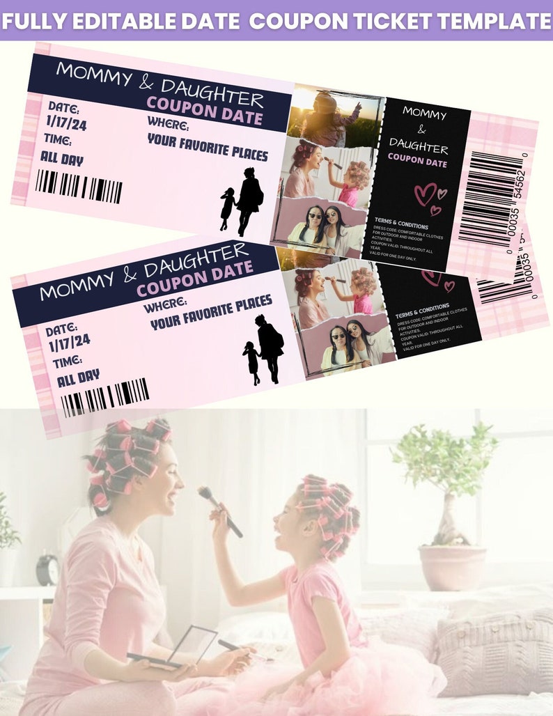 Editable Ticket Mom and Daughter Gift, Personalized Ticket Date, Editable Printable, Mommy ...