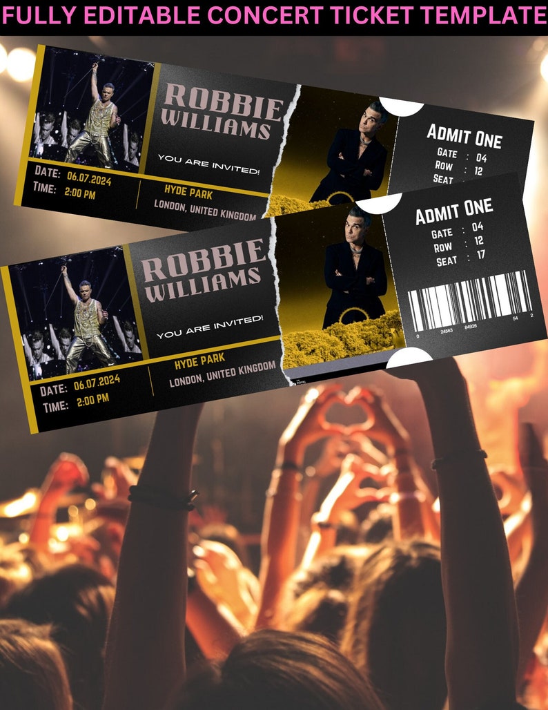 Robbie Williams Concert Ticket Template Personalized Printable Robbie ...
