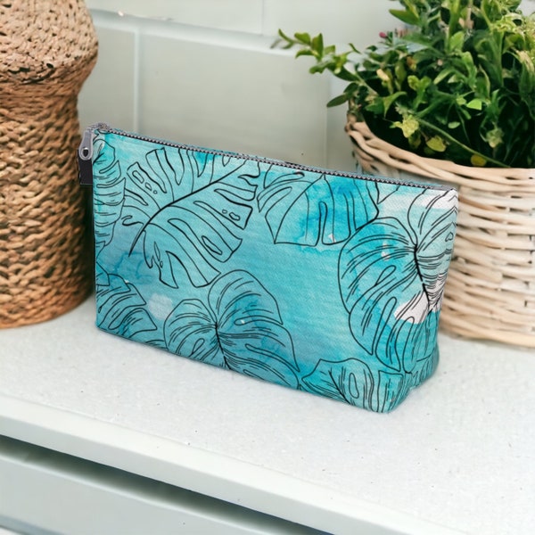 Monstera Bag Canvas Zippered MakeUp Bag Zipper Pouch Tropical Leaf Print Bag Organizer Teal