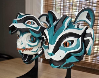 Articulating Catbot Mask: Green & Copper Cyberpunk Decor