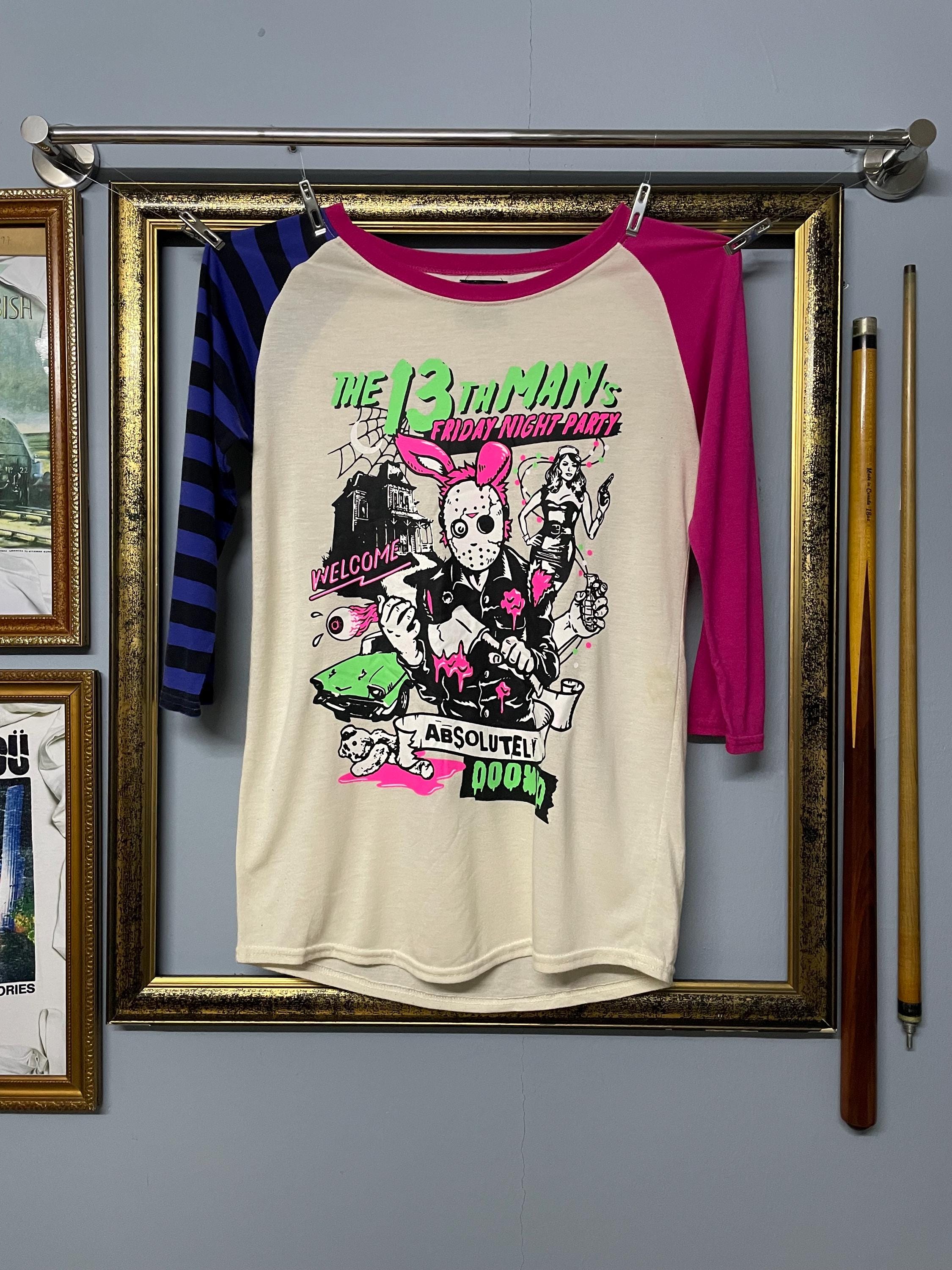 Retro Horror Raglan Tee Neon Slasher Graphic “13th Night Party