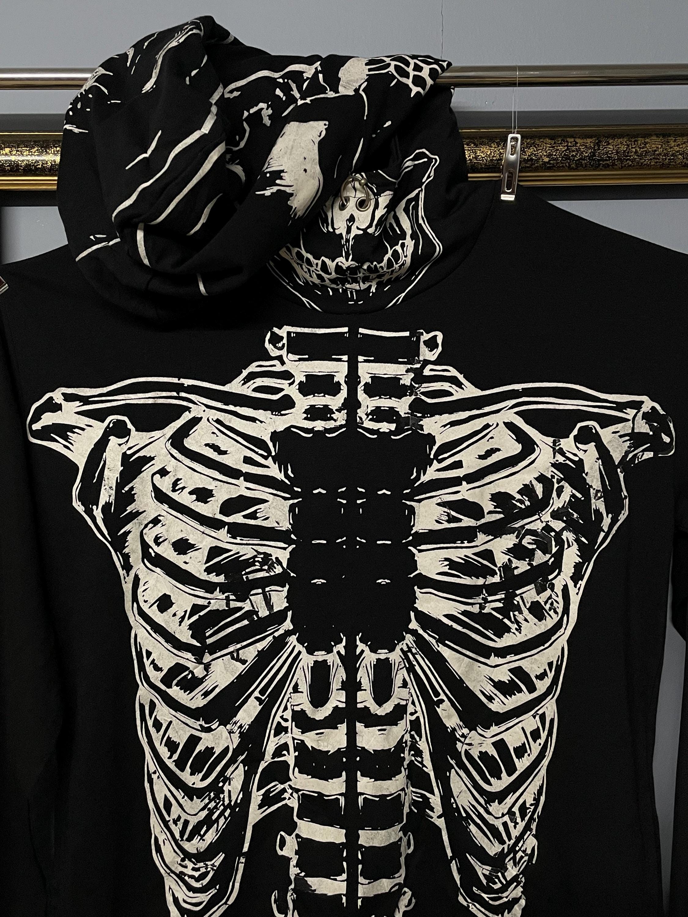 Vintage 90s Glad News Black Skeleton Hoodie Goth Ribcage Print