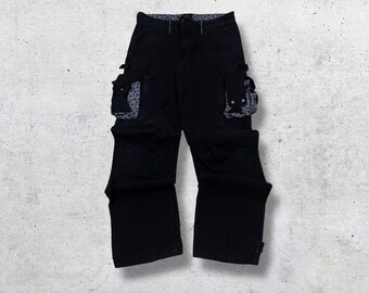Vintage Traditional Karakuri Japan Cargo Pants W34 | Black Utility 3D Pocket Trousers