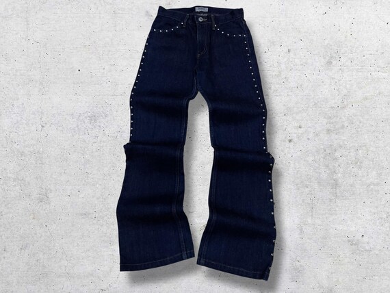 W26 | Vintage Fiorucci Studded Flare Denim Archive 90s Rock Glam Wide Leg Jeans