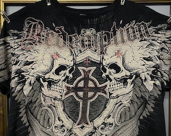 Redemption Skull Wings Graphic Tee Gothic Cross Biker Rock Y2K