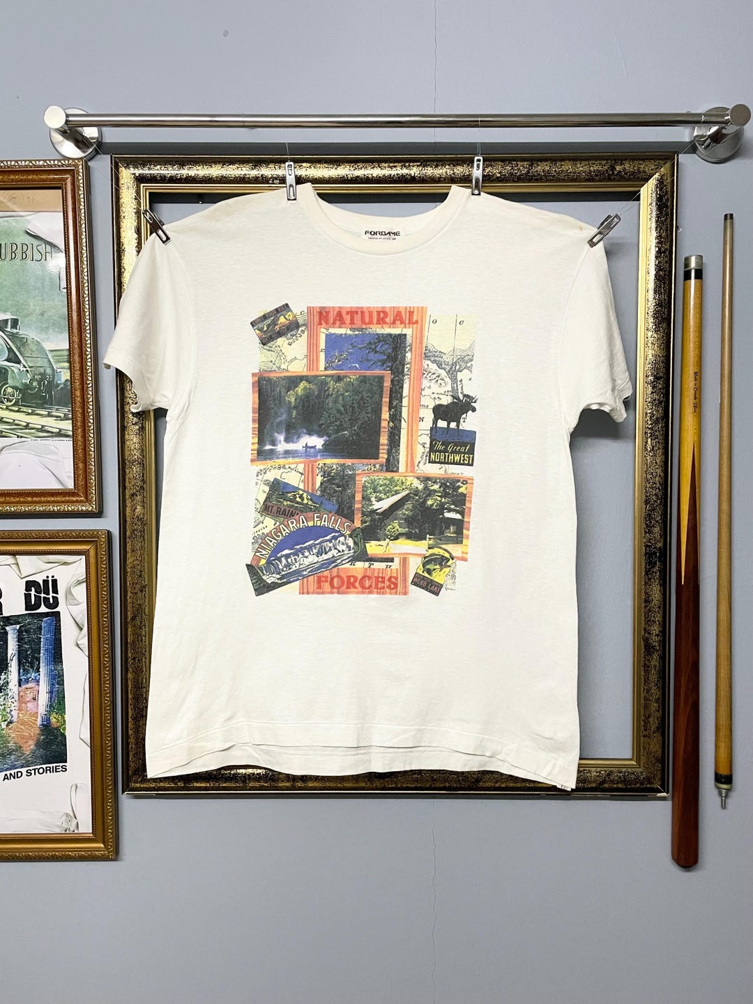 Vintage 90's Natural Tee Forbayel Forest Art Graphic Single Stitch