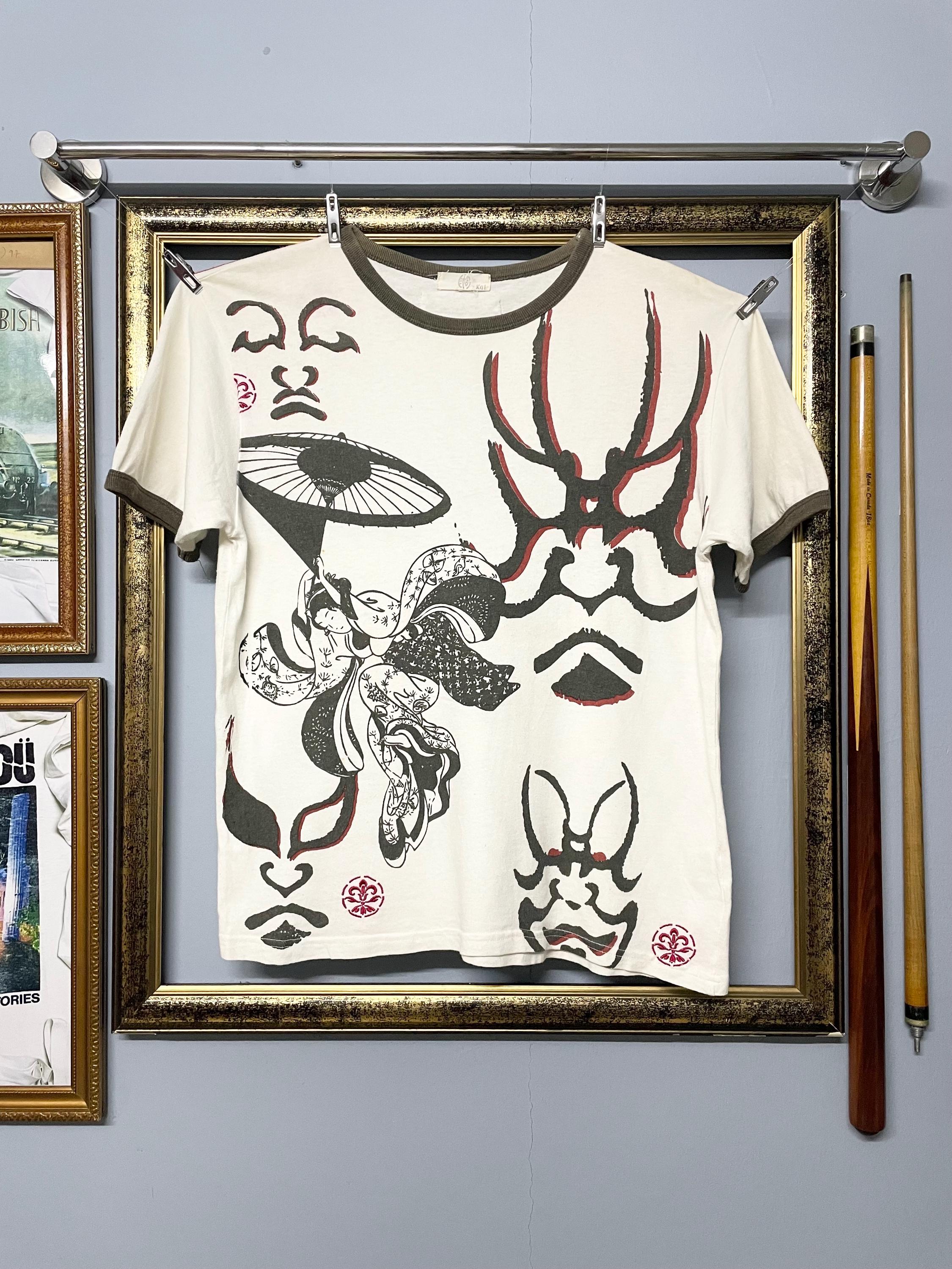 Camiseta con máscara japonesa tradicional de los 90 / Camiseta con cuello redondo y estampado artístico retro / Talla M