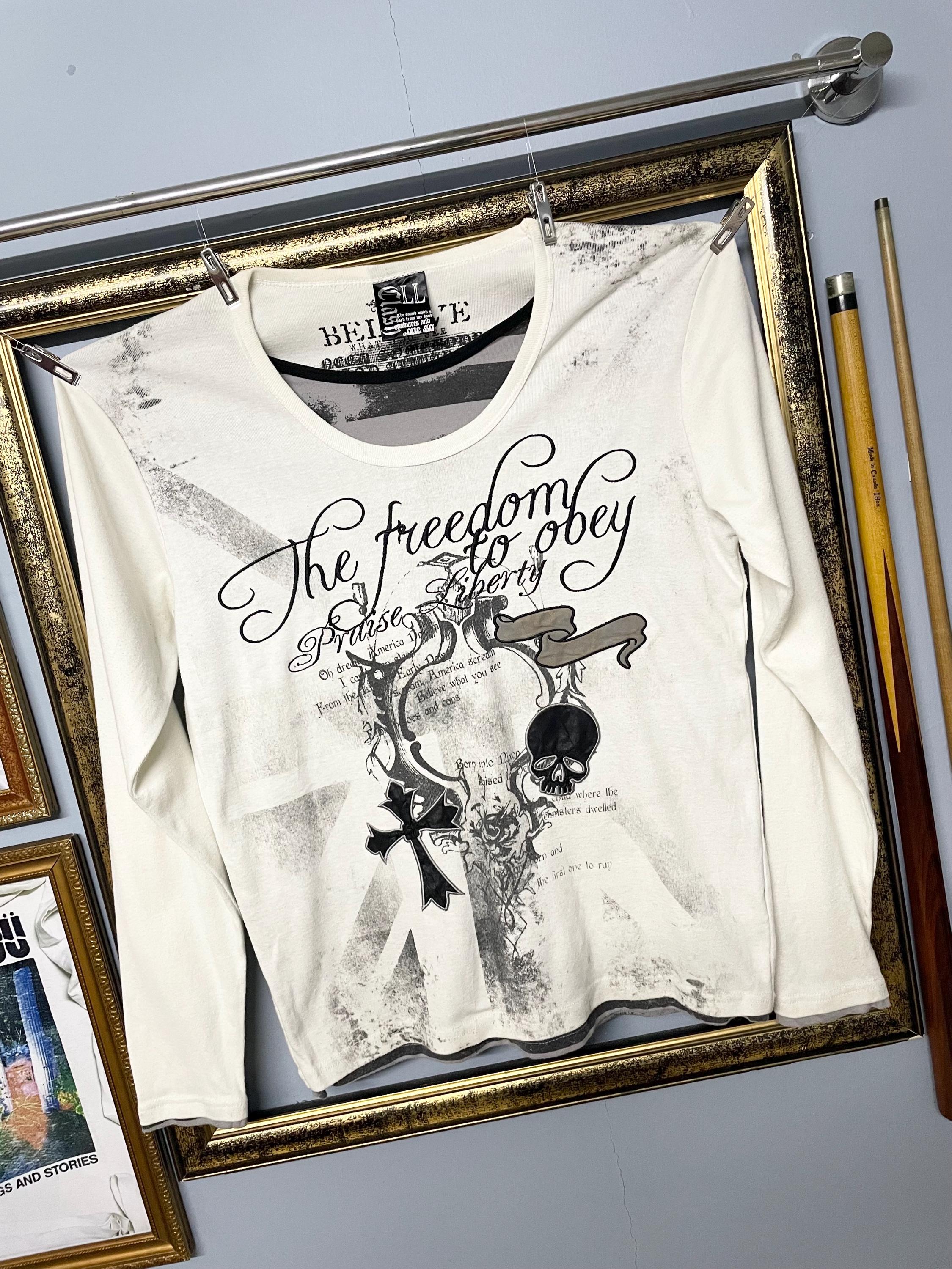 Vintage 90s Japan Gothic Script Cross Skull Long Sleeve Tee Grunge