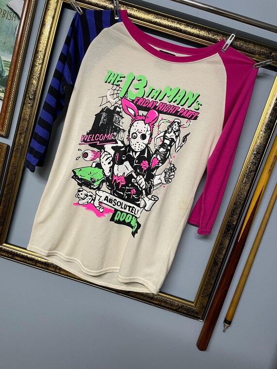 Retro Horror Raglan Tee Neon Slasher Graphic “13th Night Party