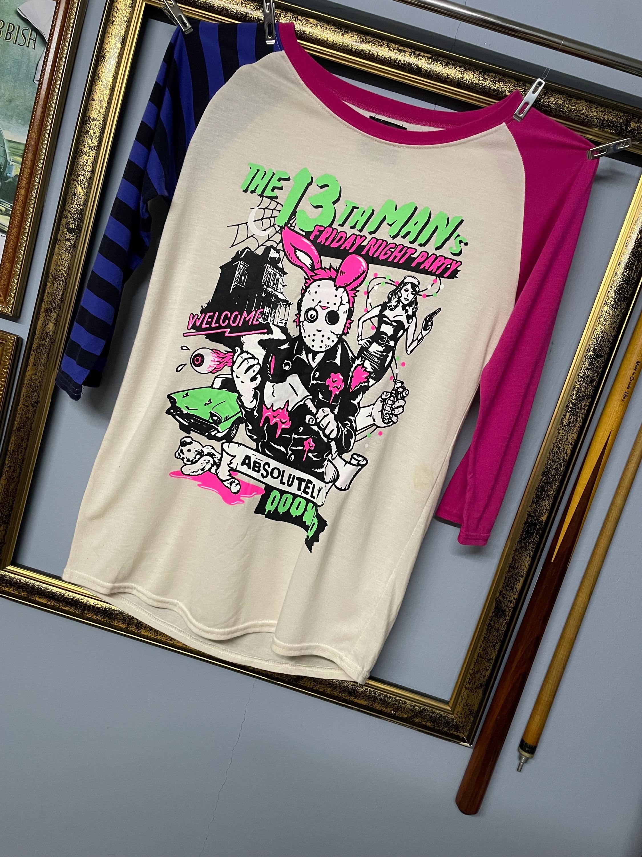 Y2K SWAG darkwear raglan sleeve T 平成 裏原 Retro Horror Raglan Tee Neon Slasher Graphic “13th Night Party
