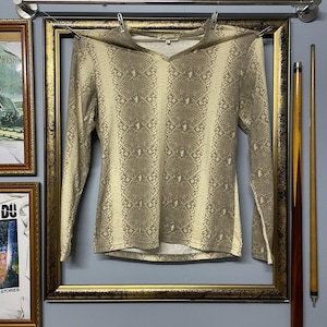 May include: A long-sleeved hooded shirt with a snakeskin pattern in shades of beige and gray. The shirt is hanging on a clothesline inside a gold-framed picture. The shirt has a V-neck and is made of a soft material.