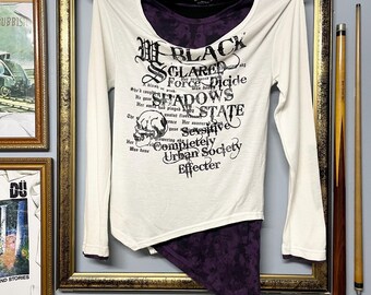 Vintage Layered Gothic Grunge Long Sleeve Tee Asymmetrical Hem Punk Typography Shirt Y2K Alternative Streetwear Japan | Size S