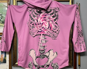 Felpa con cappuccio vintage Y2k Acdc Rag Pink Skeleton / Top con grafica Gothic Anatomy / Taglia XL