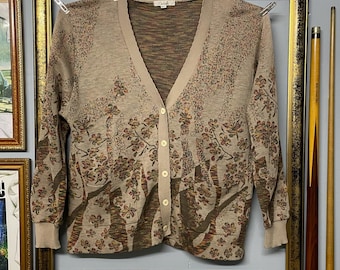 Vintage Tapestry Knit Cardigan | Beige Floral Tree Pattern | Soft Cottagecore Sweater | Size M