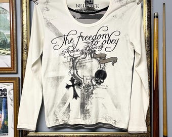Vintage 90s Japan Gothic Script Cross Skull Long Sleeve Tee Grunge