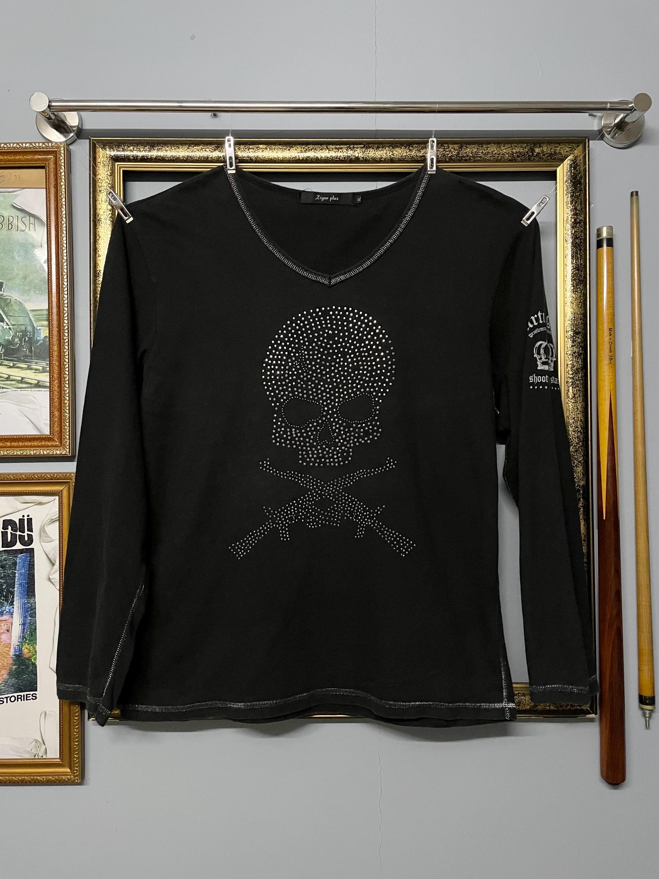 Vintage Archive Rhinestone Skull Long Sleeve Tee Y2K Gothic Punk 